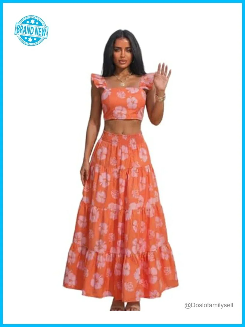 2-Piece Maxi Skirt Set Tropical Floral Boho Vacation Outfit High Waist Ruffle